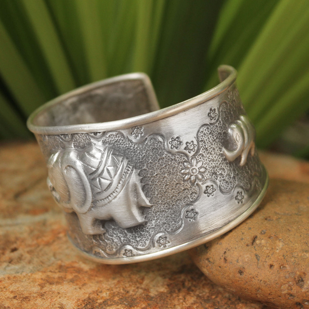 Handmade Sterling Silver Cuff Bracelet - Hill Tribe Elephants