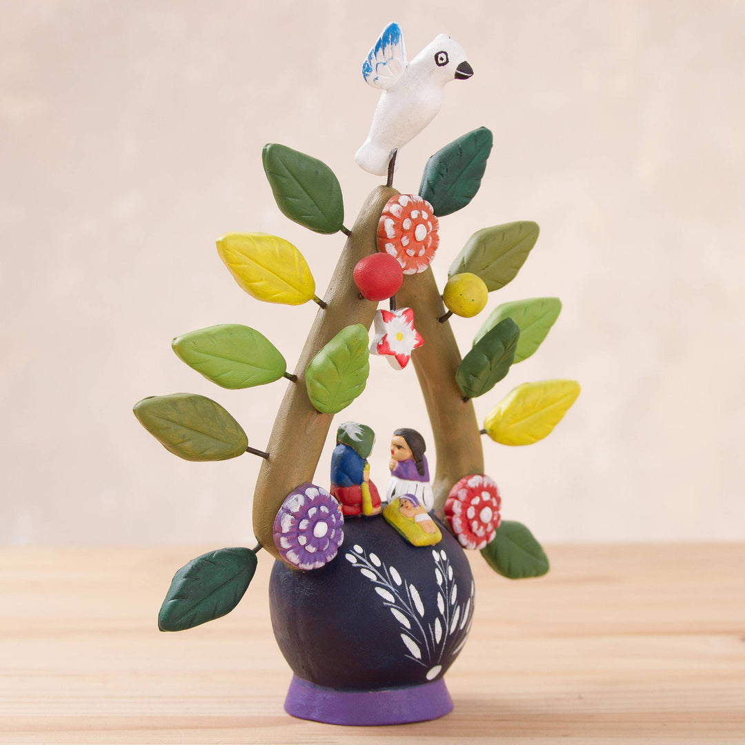Folk Art-Inspired Hand-Painted Leafy Ceramic Nativity Scene - Holy Birth I