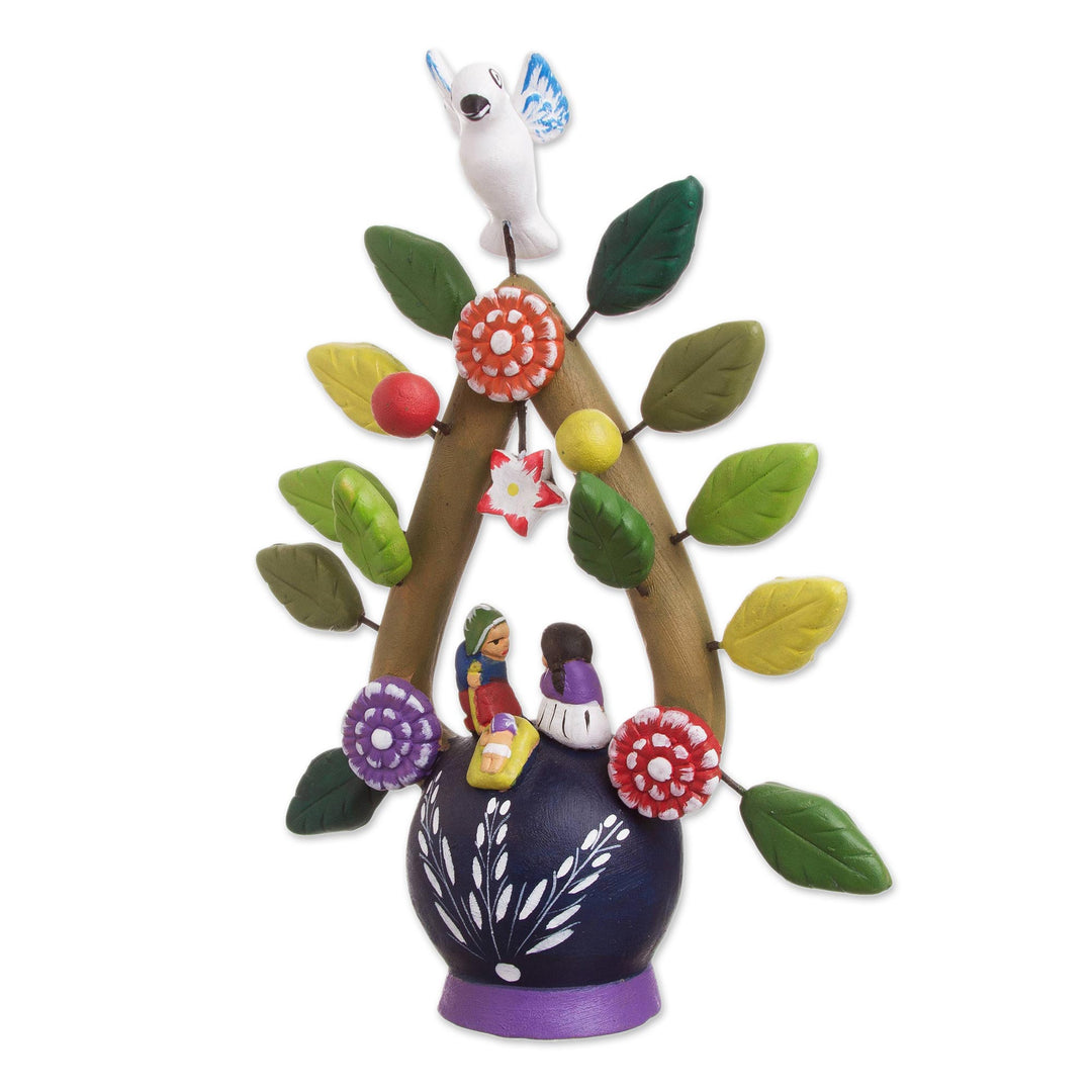 Folk Art-Inspired Hand-Painted Leafy Ceramic Nativity Scene - Holy Birth I