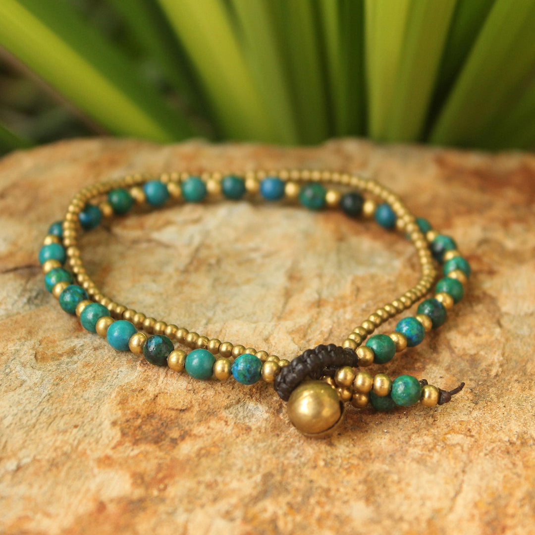 Serpentine and Brass Beaded Bracelet - Dazzling Green Harmony