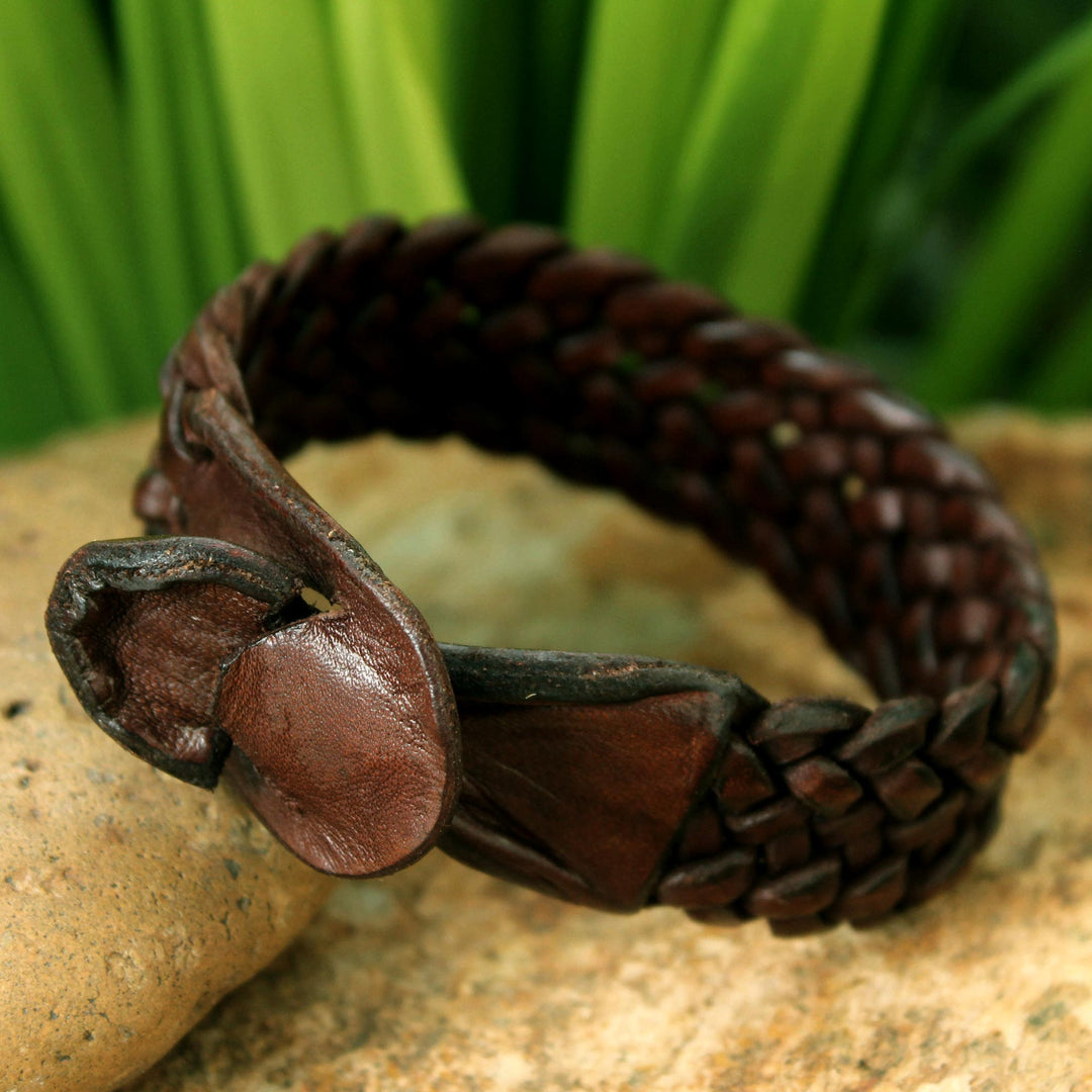 Handmade Unisex Leather Wristband Bracelet - Bangkok Weave