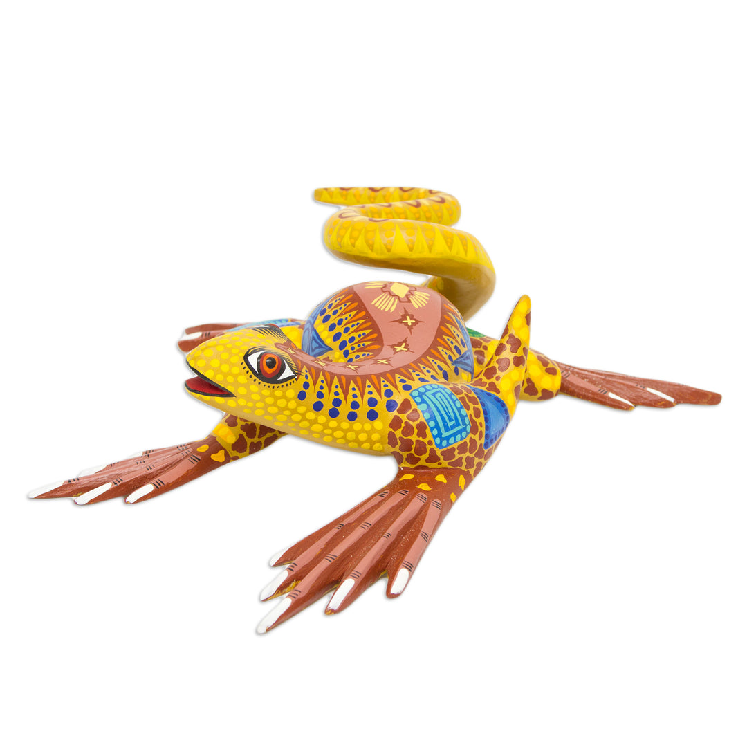 Hand Crafted Mexican Folk Art Yellow Lizard Sculpture - Rainbow Iguana