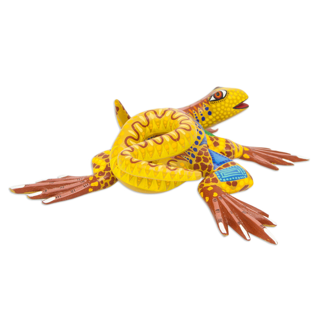 Hand Crafted Mexican Folk Art Yellow Lizard Sculpture - Rainbow Iguana