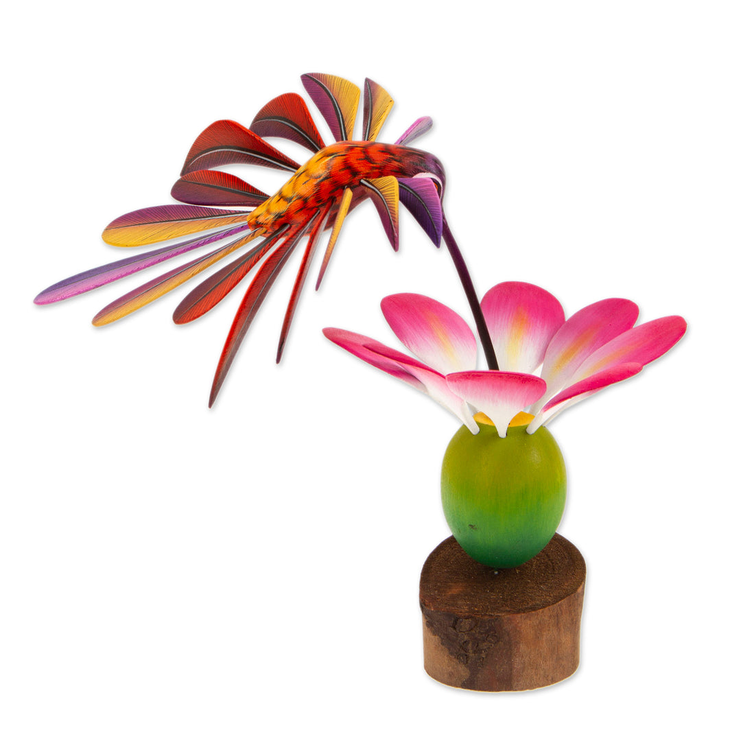 Handmade Floral Wood Bird Sculpture - Happy Hummingbird