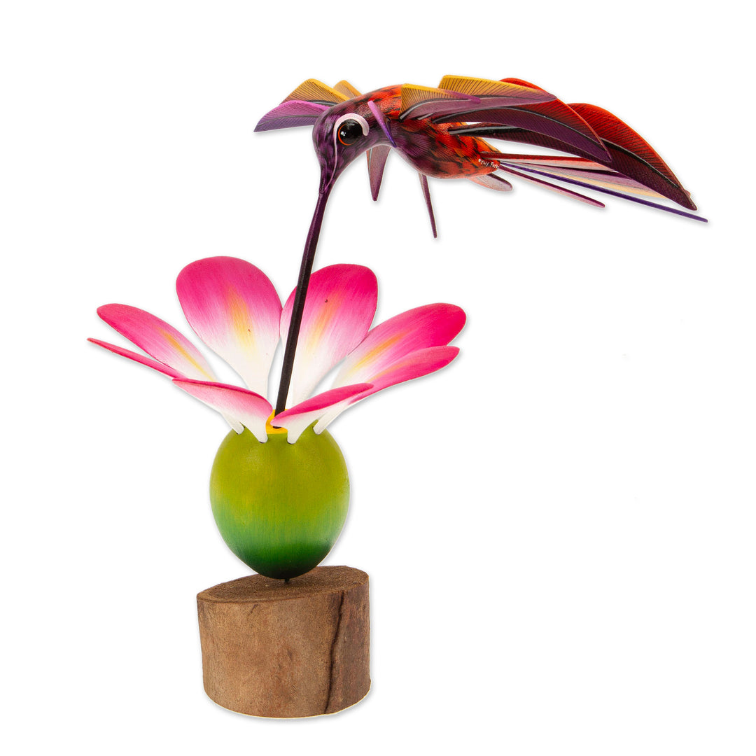 Handmade Floral Wood Bird Sculpture - Happy Hummingbird