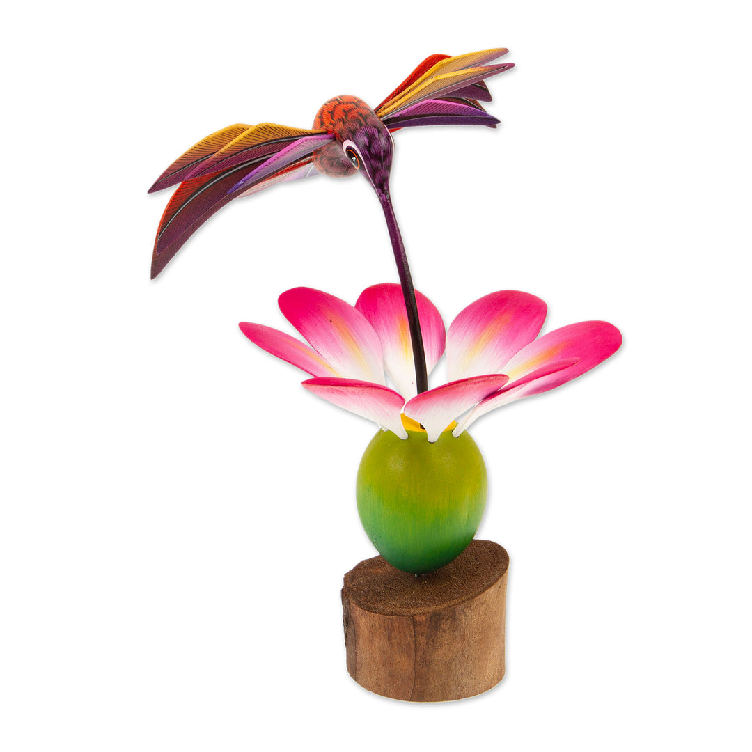 Handmade Floral Wood Bird Sculpture - Happy Hummingbird