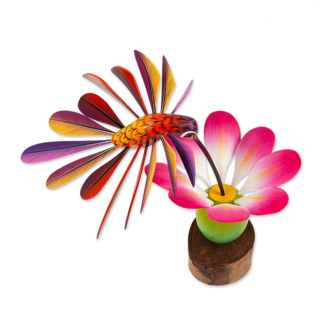 Handmade Floral Wood Bird Sculpture - Happy Hummingbird