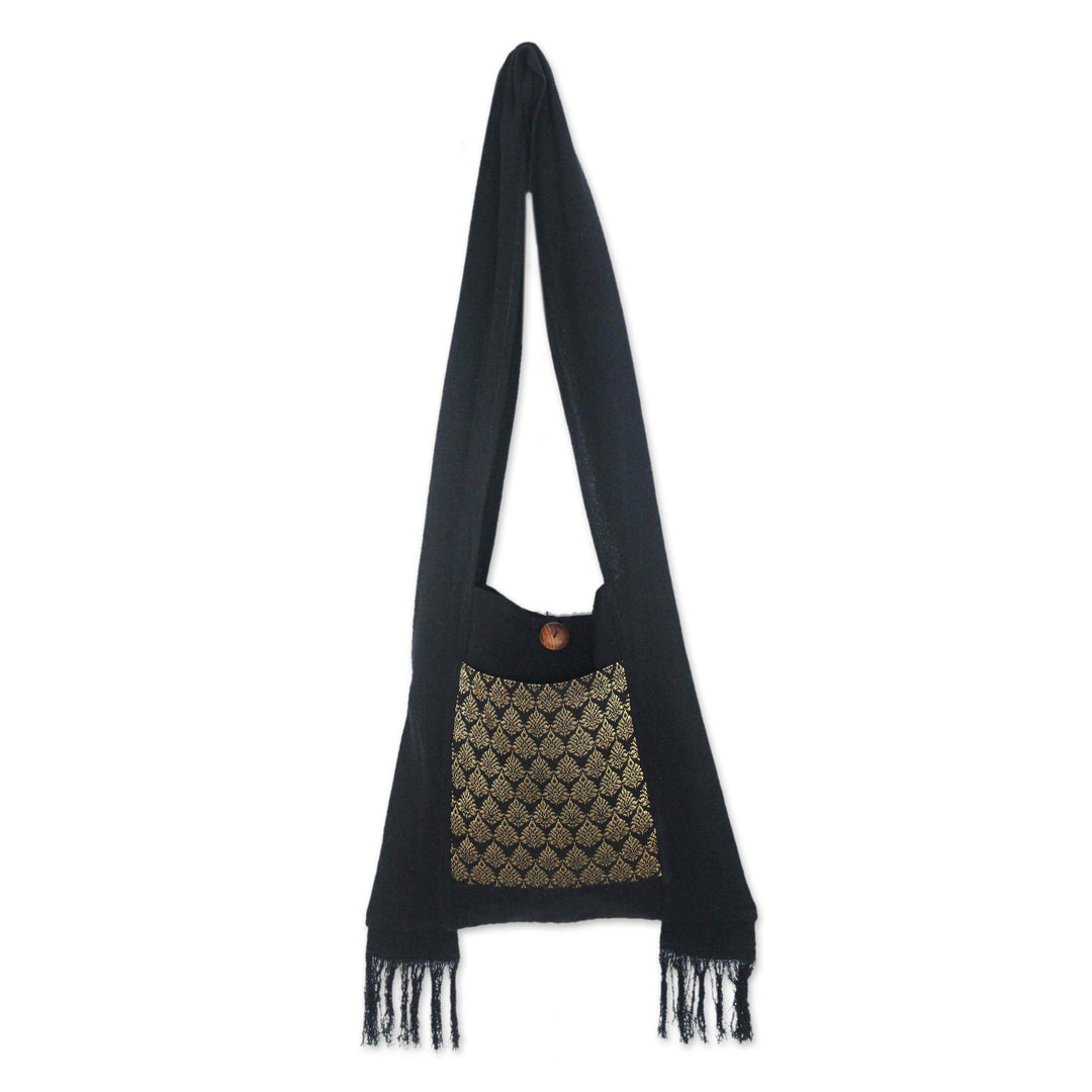 Handcrafted Brocade and Black Cotton Sling Bag - Golden Lotus