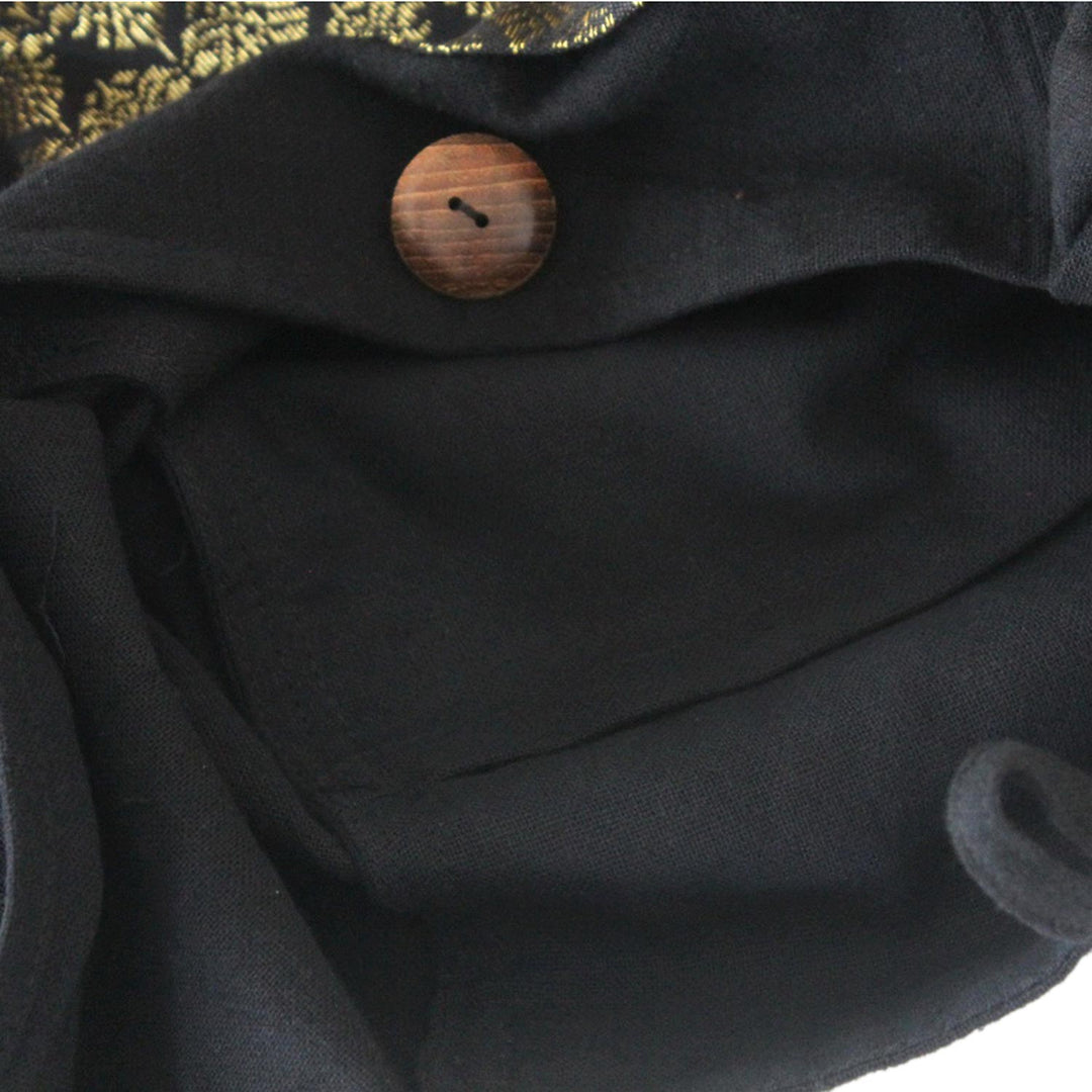 Handcrafted Brocade and Black Cotton Sling Bag - Golden Lotus