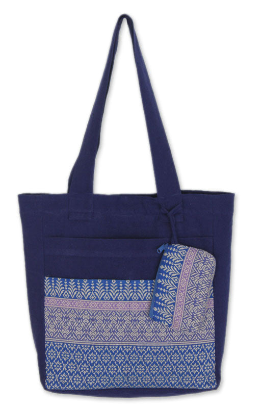Floral Cotton Tote Bag with Embroidered Coin Purse - Blue Iris