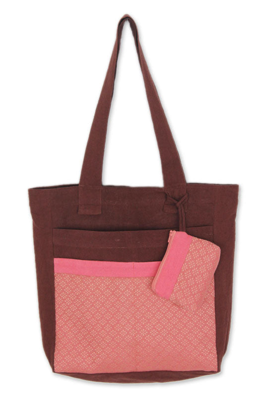 Floral Cotton Embroidered Tote Bag with Coin Purse  - Pink Camellia