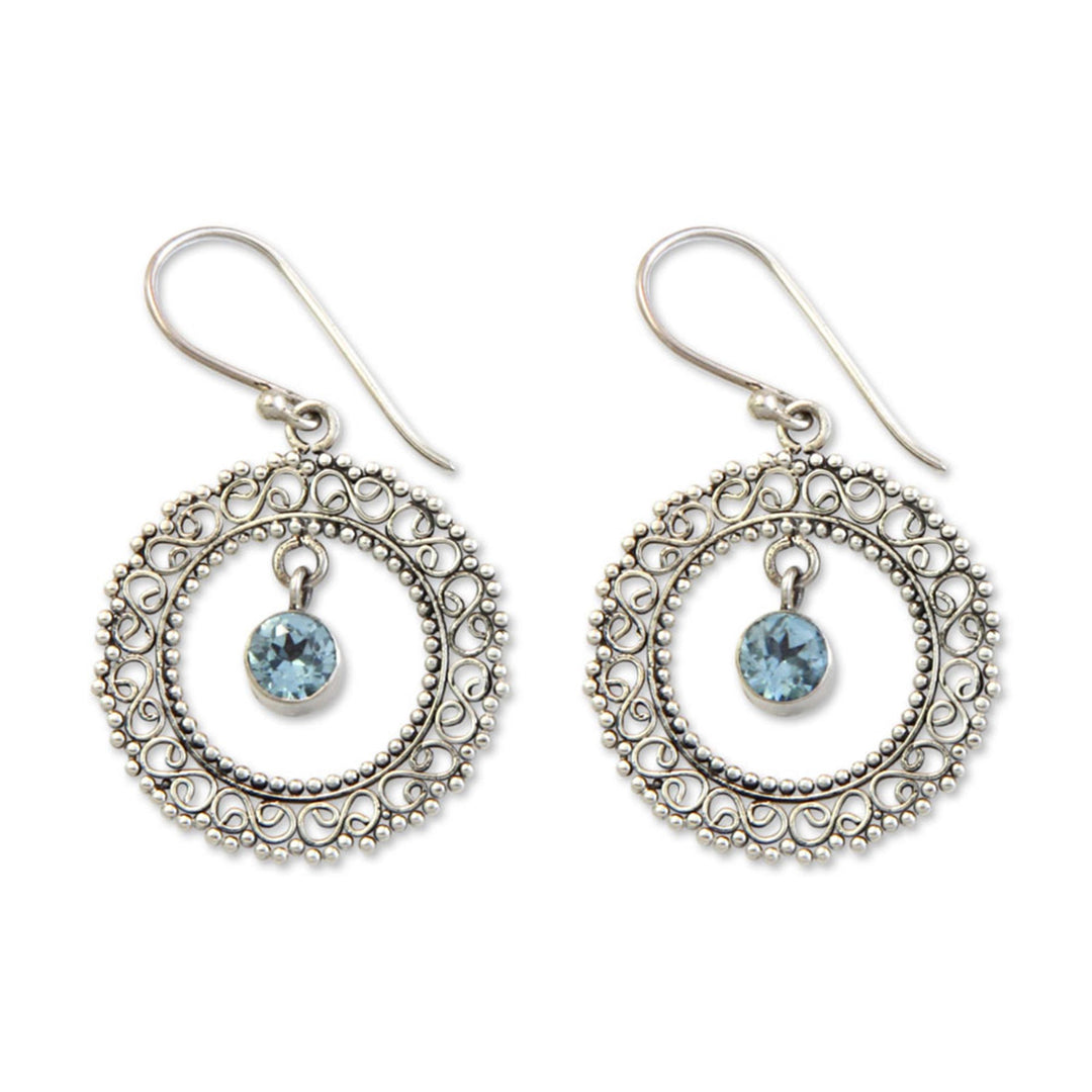 Indonesian Sterling Silver and Blue Topaz Earrings - Radiant Halo