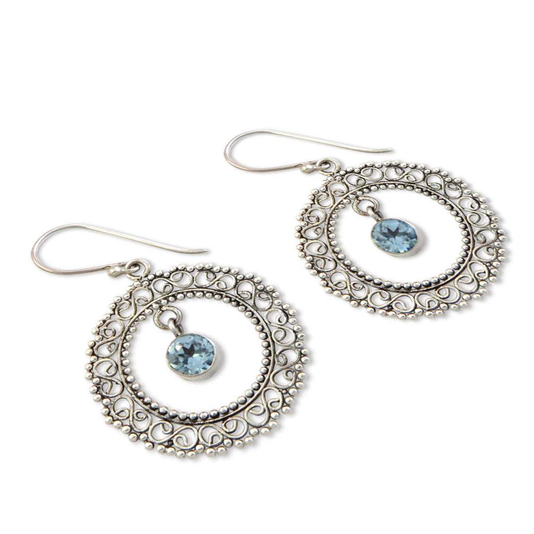 Indonesian Sterling Silver and Blue Topaz Earrings - Radiant Halo