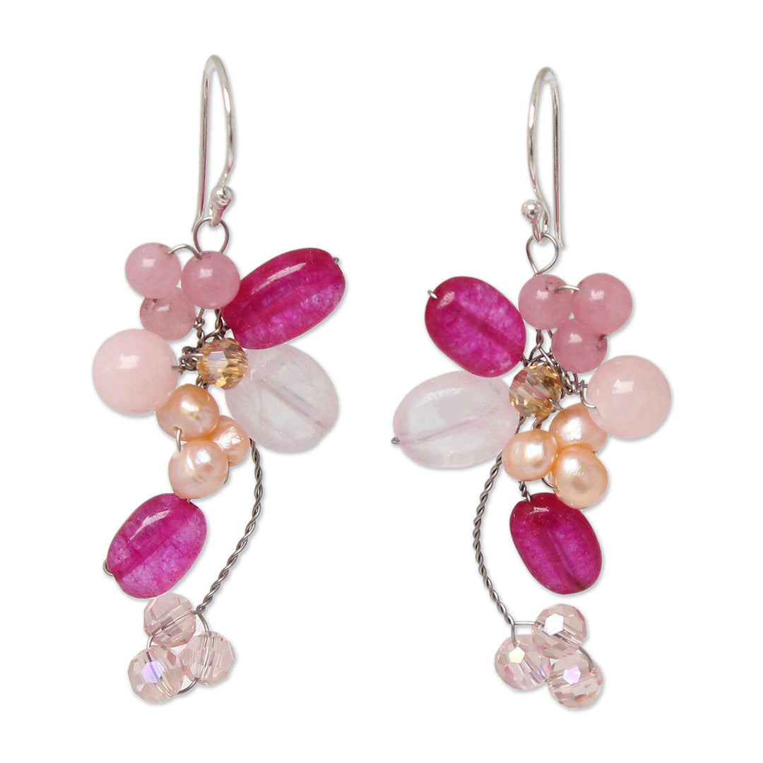 Handcrafted Cultured Pearl and Rose Quartz Cluster Earrings - Radiant Bouquet