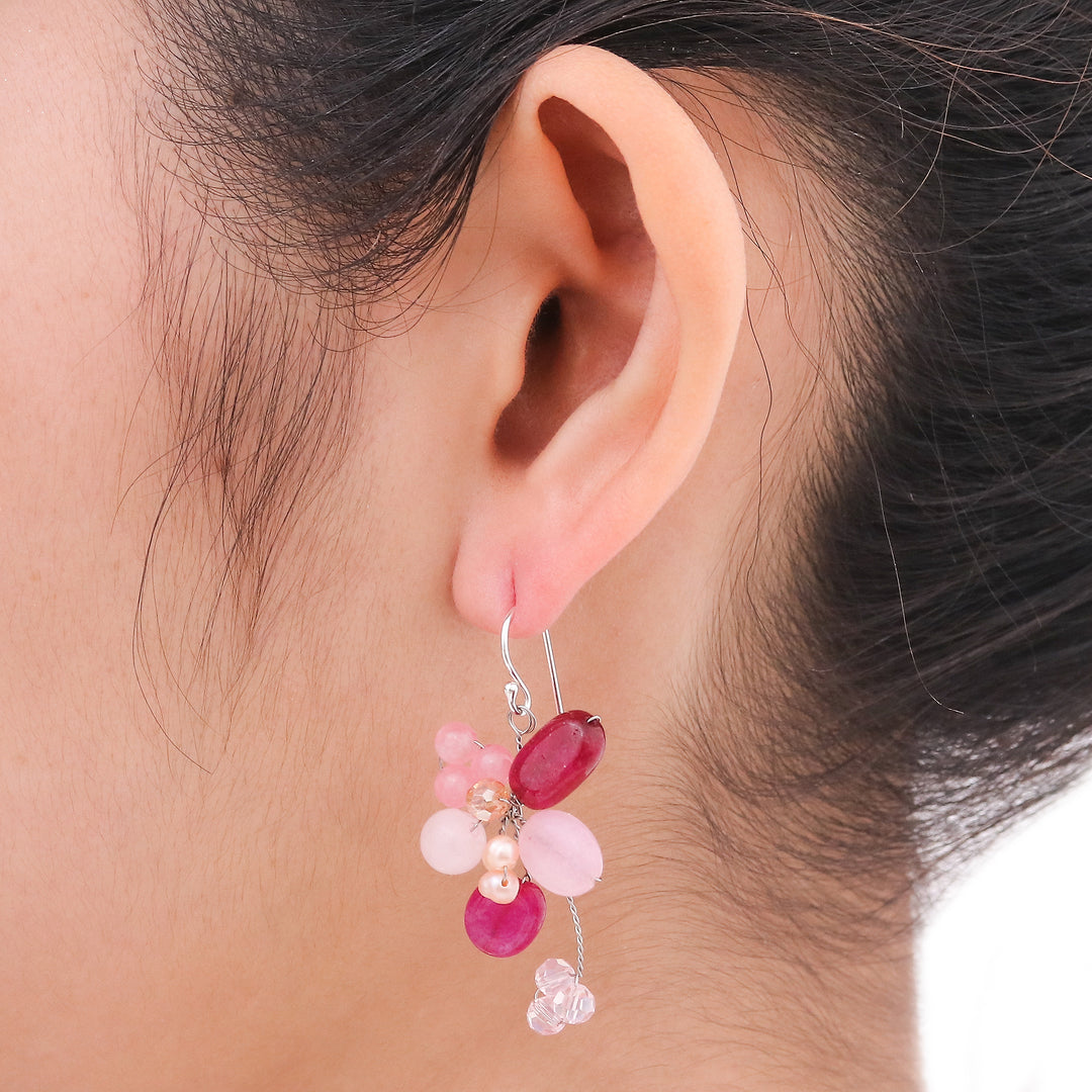 Handcrafted Cultured Pearl and Rose Quartz Cluster Earrings - Radiant Bouquet
