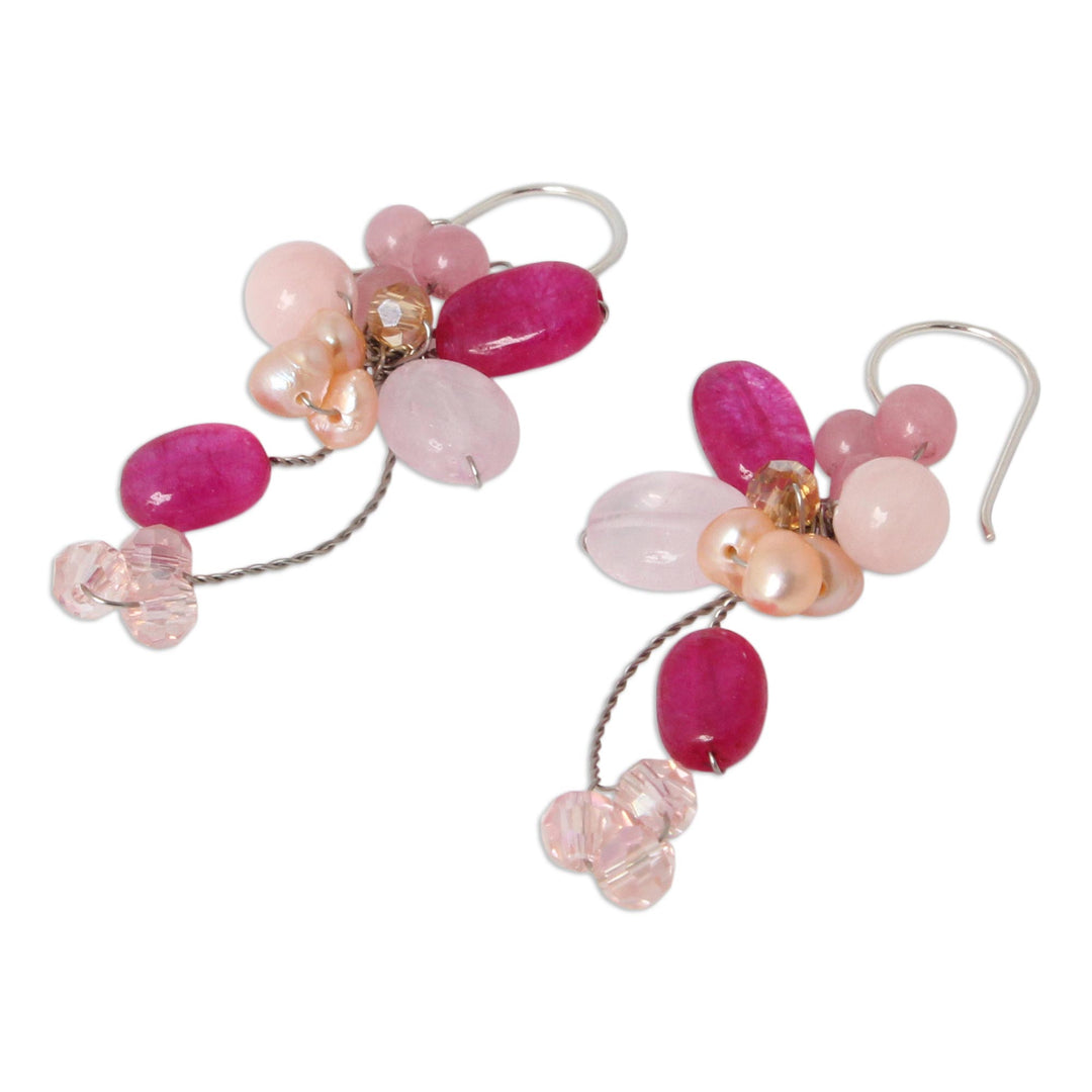 Handcrafted Cultured Pearl and Rose Quartz Cluster Earrings - Radiant Bouquet