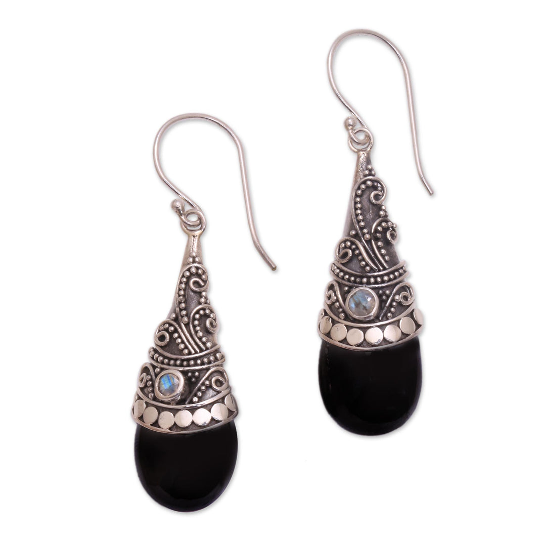 Hematite and Rainbow Moonstone Silver Earrings - Bali Mystique