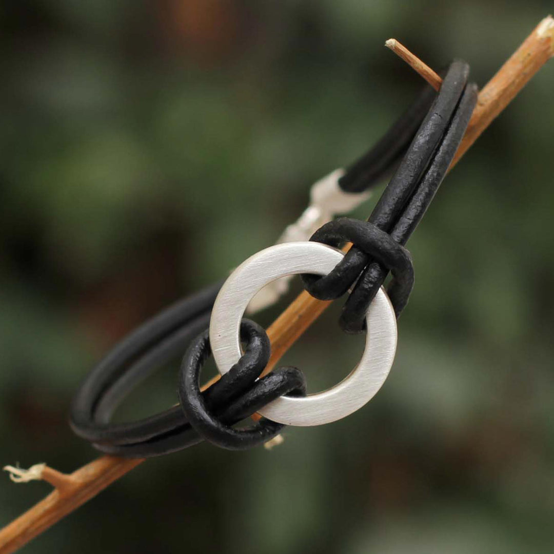 Sterling Silver Leather Wristband Men's Bracelet - Harvest Moon