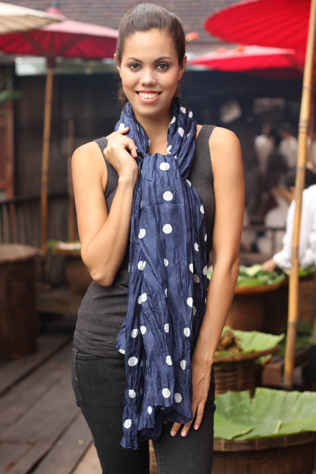 Batik scarf - Blue Polka Retro