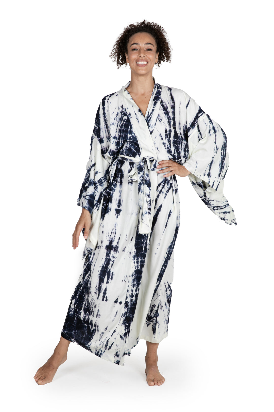 Women's Kimono Style Tie-dye Robe on Blue and Cream - High Energy