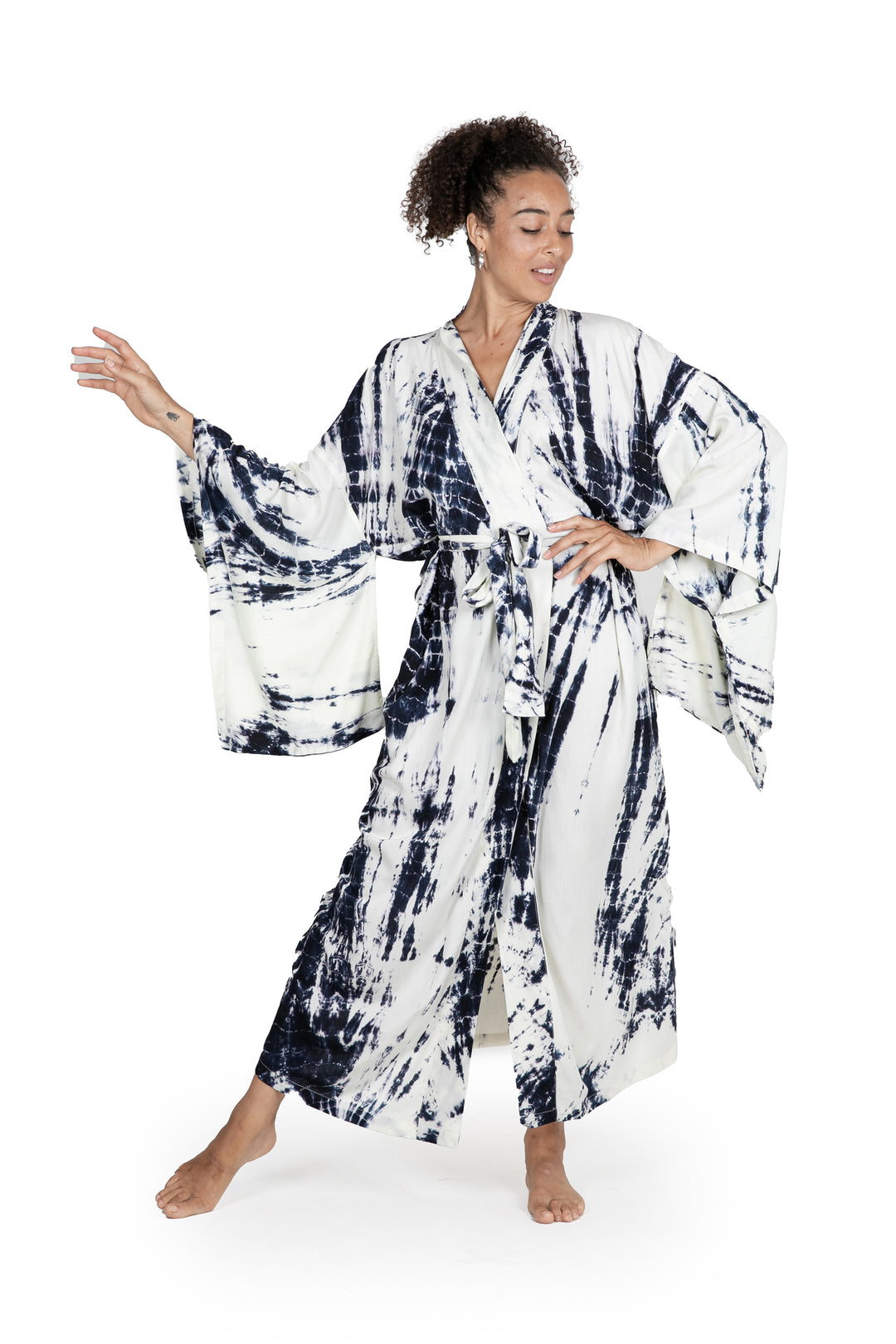 Women's Kimono Style Tie-dye Robe on Blue and Cream - High Energy