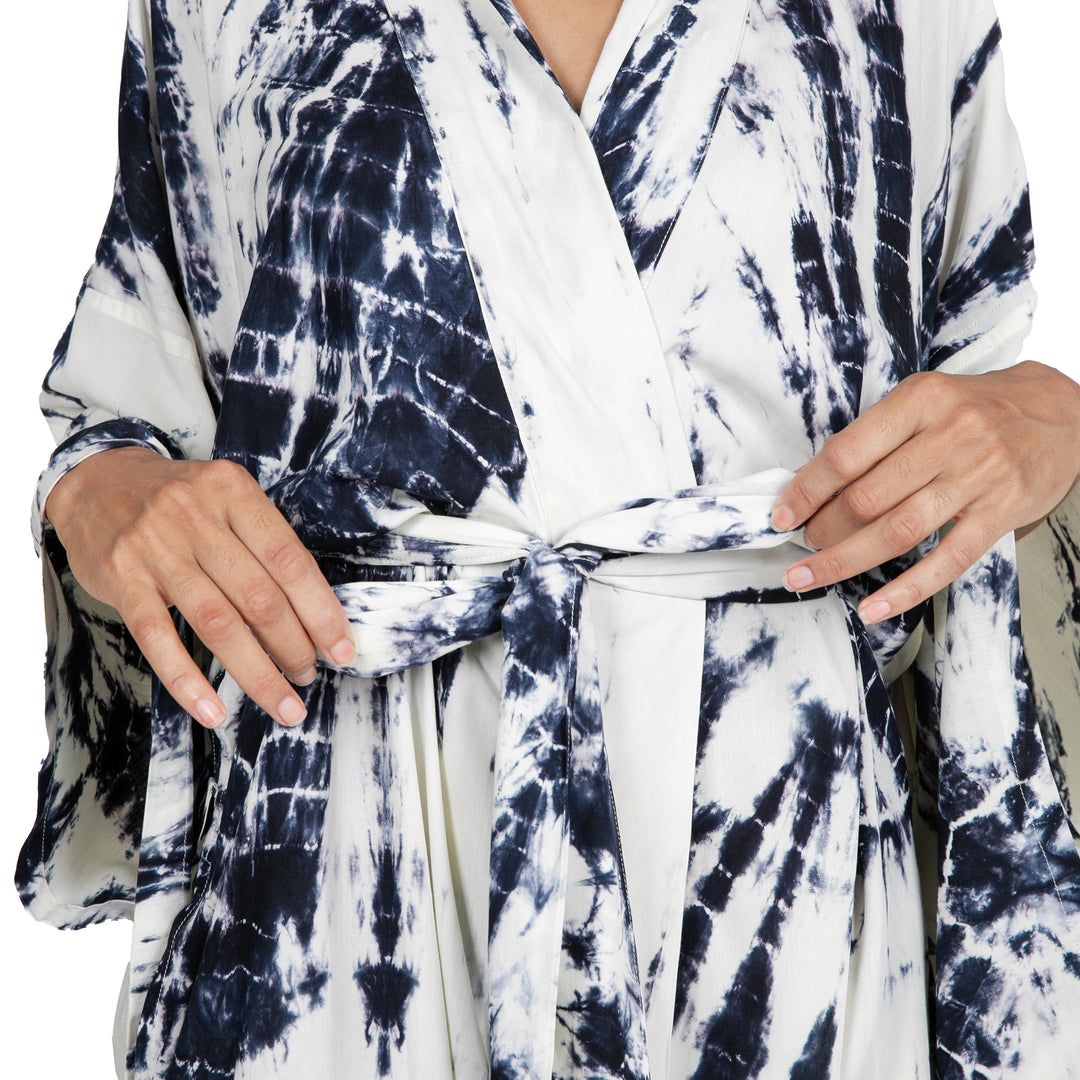 Women's Kimono Style Tie-dye Robe on Blue and Cream - High Energy
