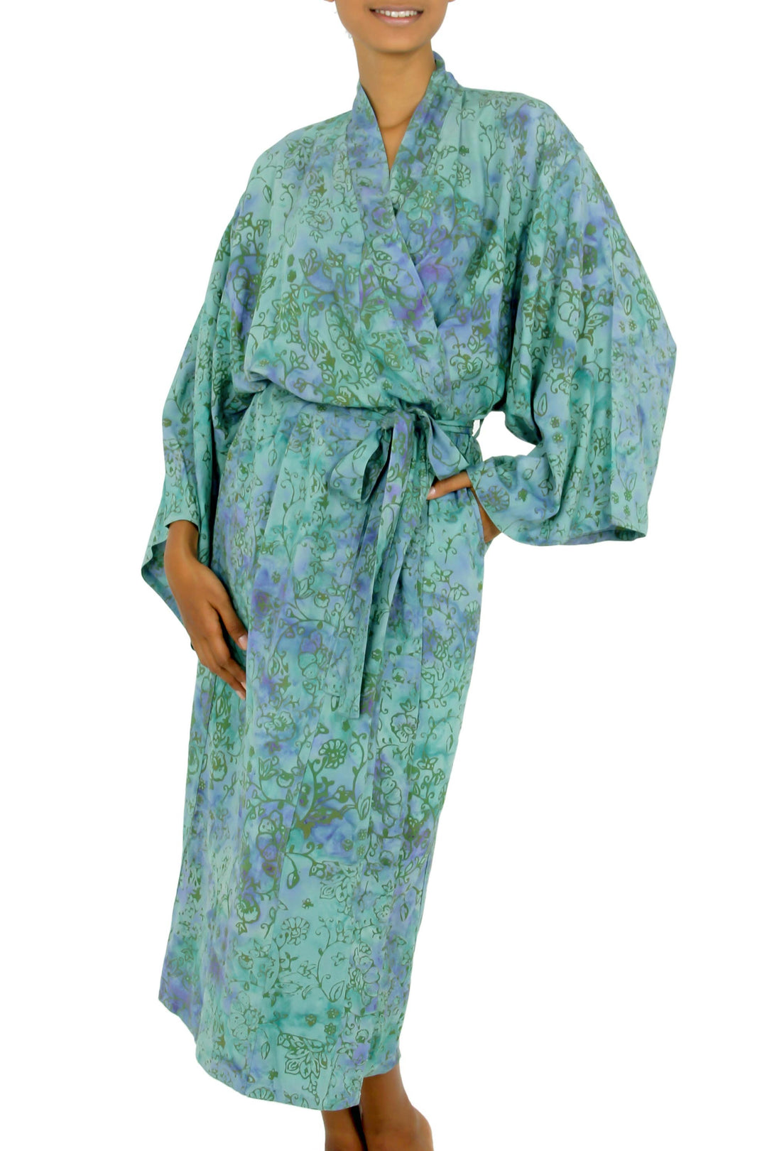 Artisan Crafted Women's Rayon Batik Robe - Misty Javanese Forest