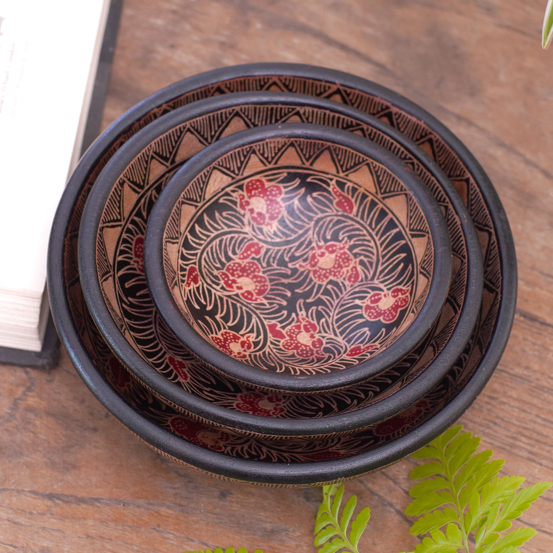 Wood batik centerpieces (Set of 3) - Javanese Vines