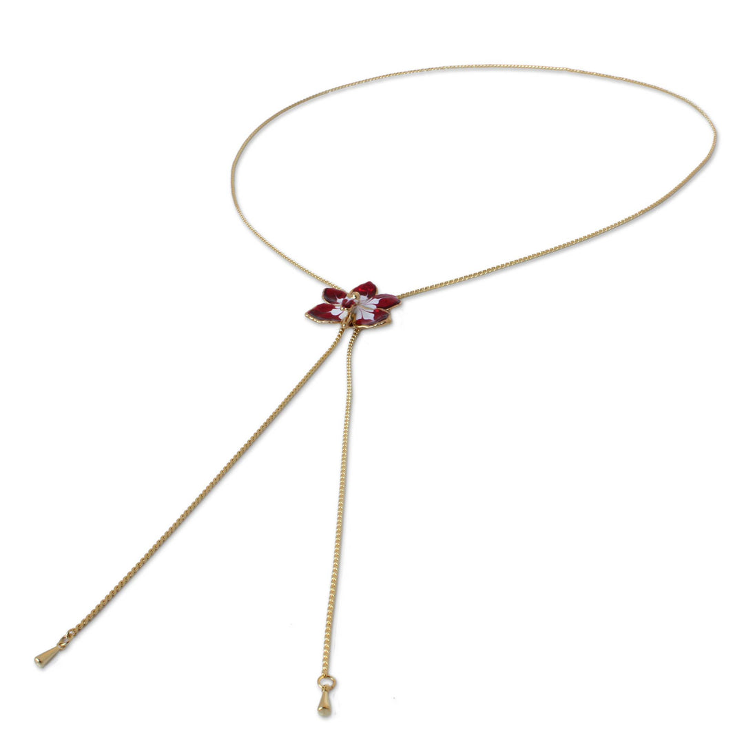 Gold Plated Natural Orchid Necklace from Thailand - Scarlet Dancer