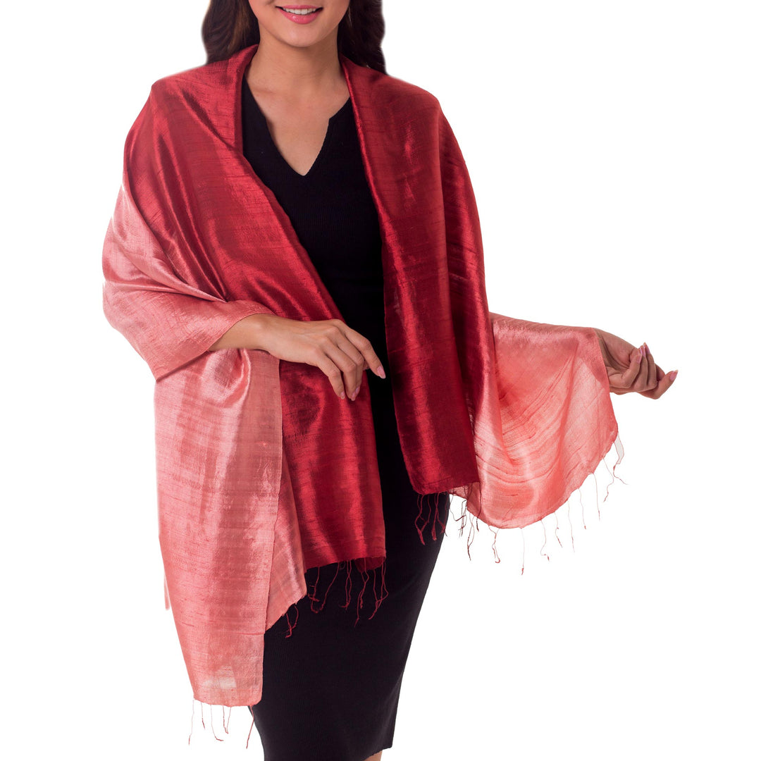 Artisan Crafted Silk Shawl - Shimmering Vermilion