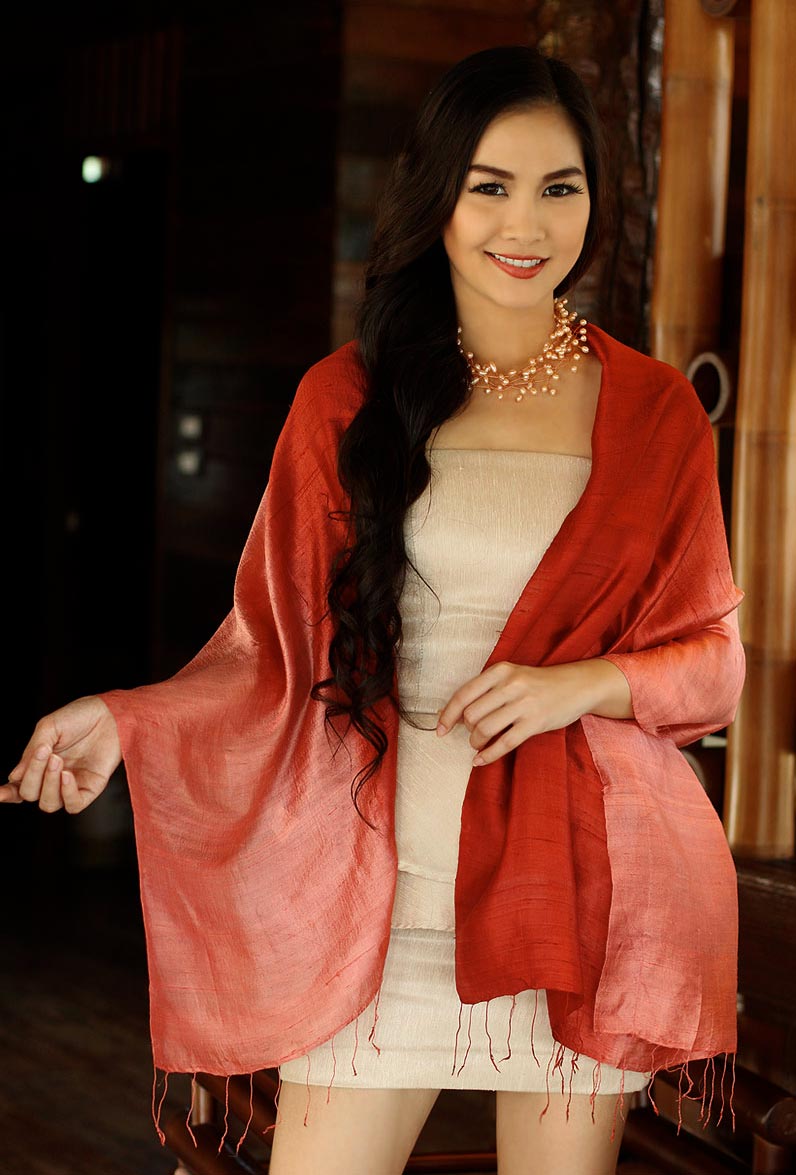 Artisan Crafted Silk Shawl - Shimmering Vermilion