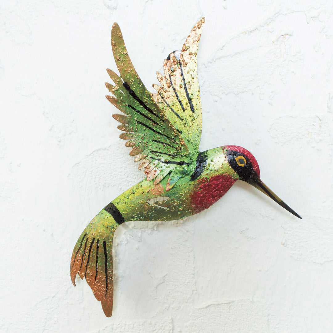 Bird Artisan Handcrafted Iron Wall Sculpture Mexico - Little Emerald Hummingbird