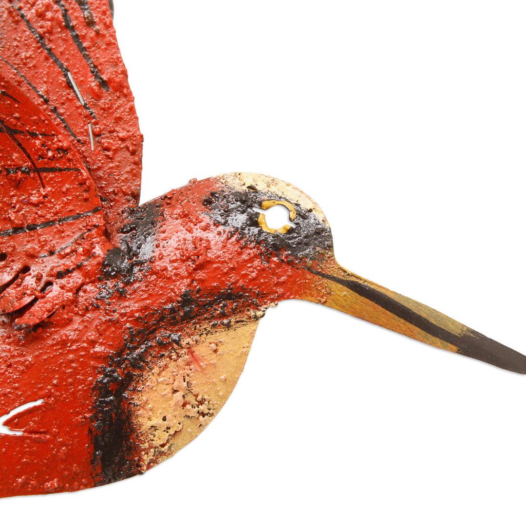 Unique Red Bird Wall Art Steel Sculpture from Mexico - Little Ruby Hummingbird