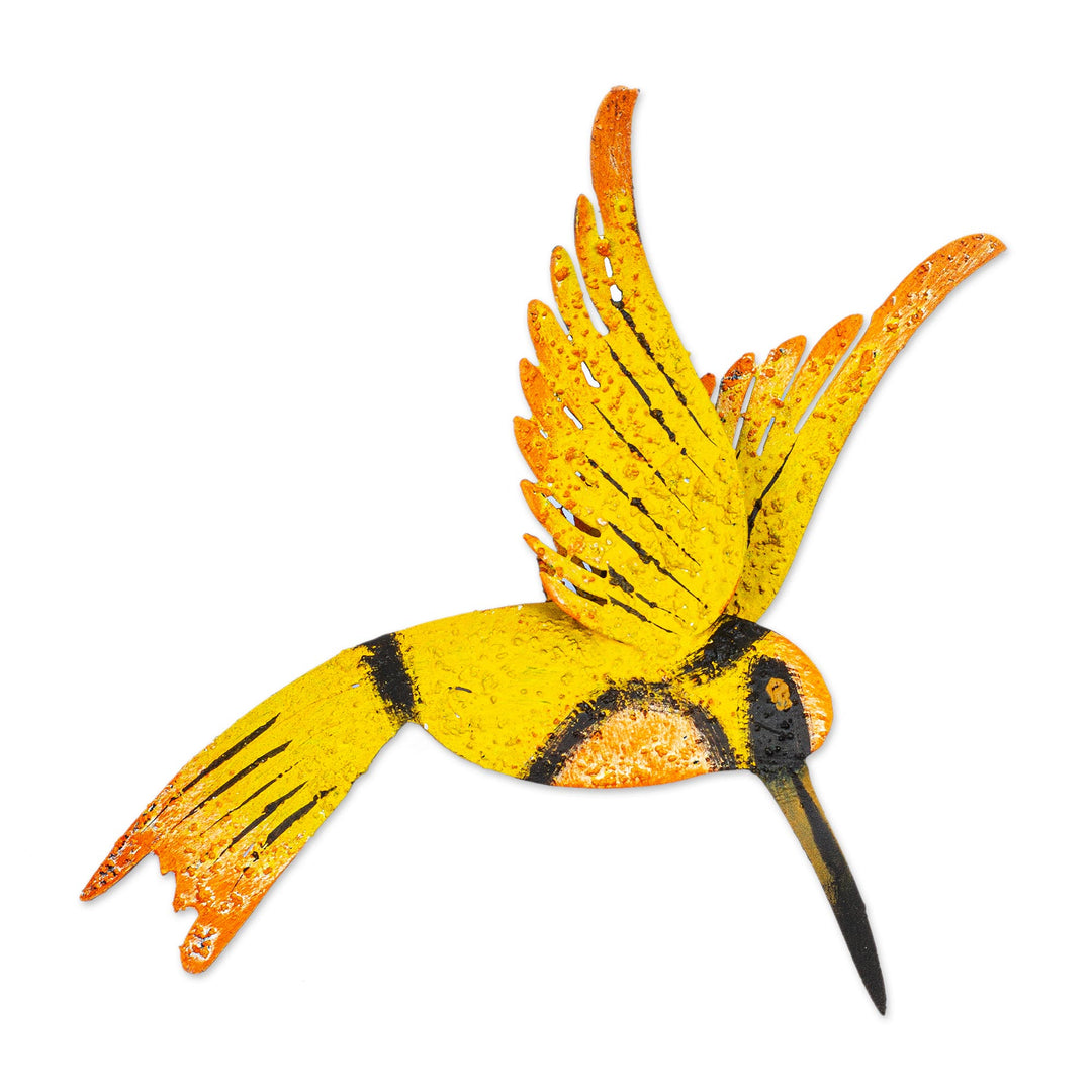 Hand Crafted Bird Wall Art Steel Sculpture from Mexico - Little Yellow Hummingbird