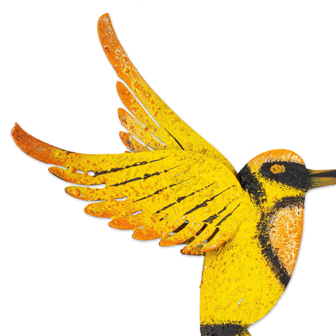 Hand Crafted Bird Wall Art Steel Sculpture from Mexico - Little Yellow Hummingbird