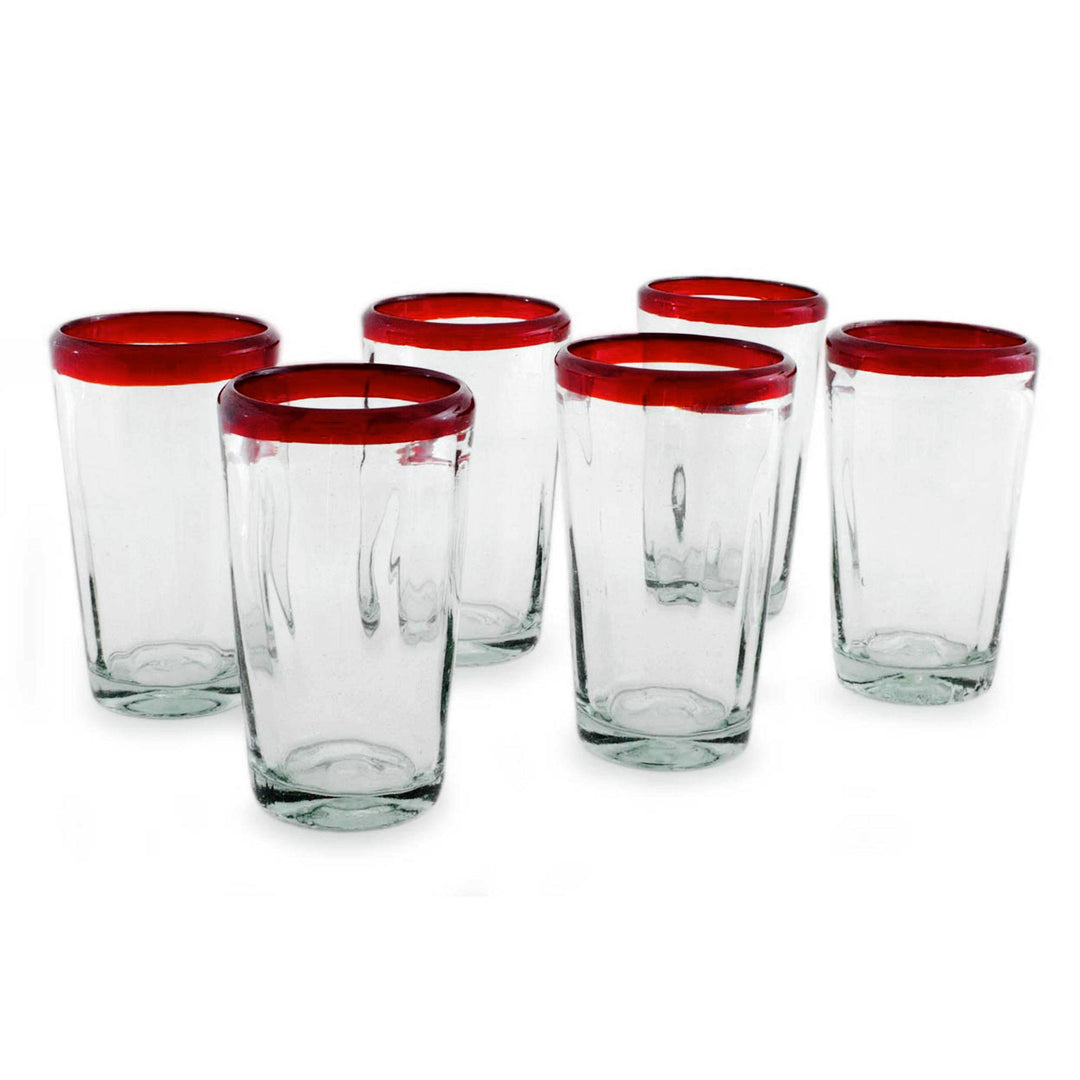 6 Collectible Mexican Recycled Red and Clear Glasses - Ruby Groove