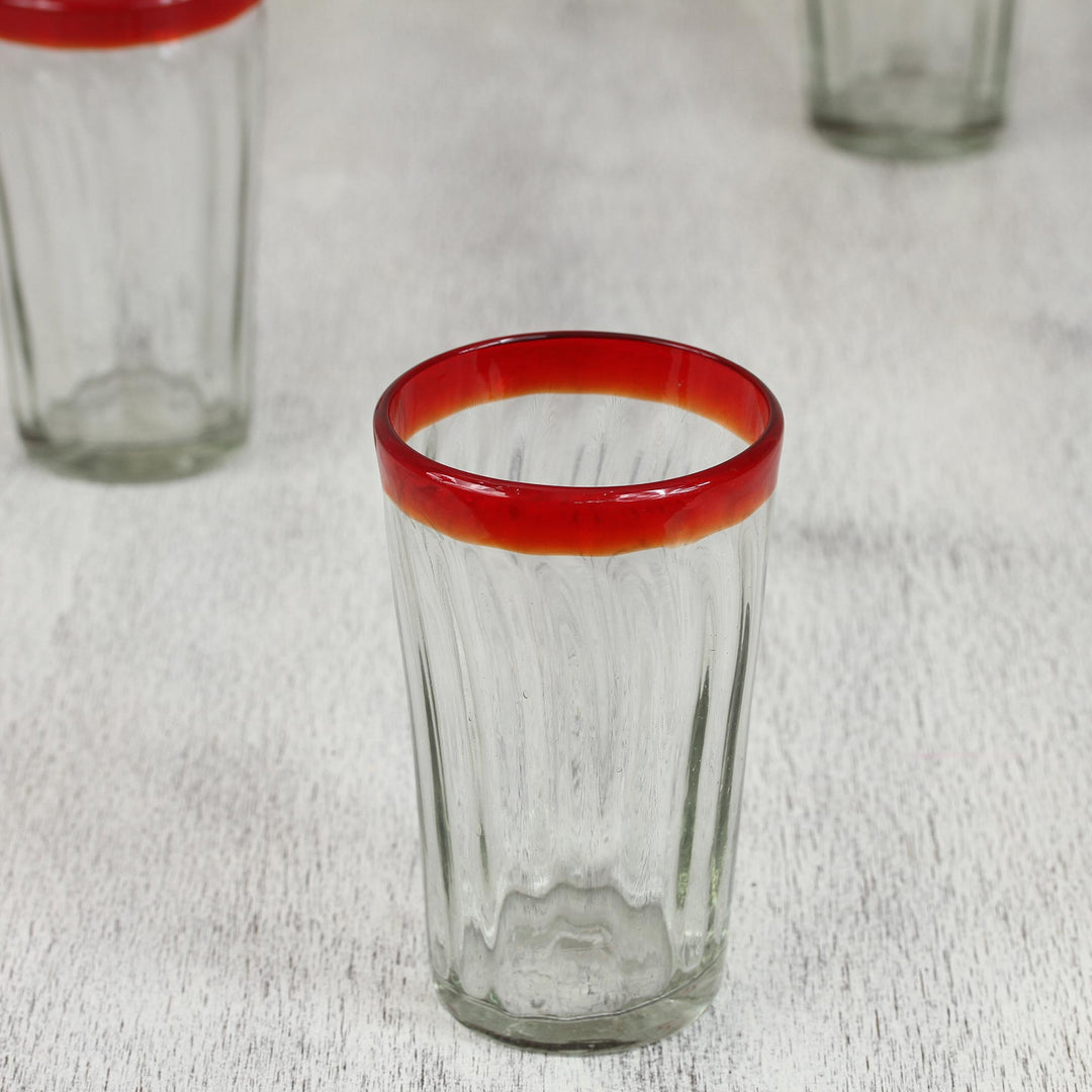 6 Collectible Mexican Recycled Red and Clear Glasses - Ruby Groove