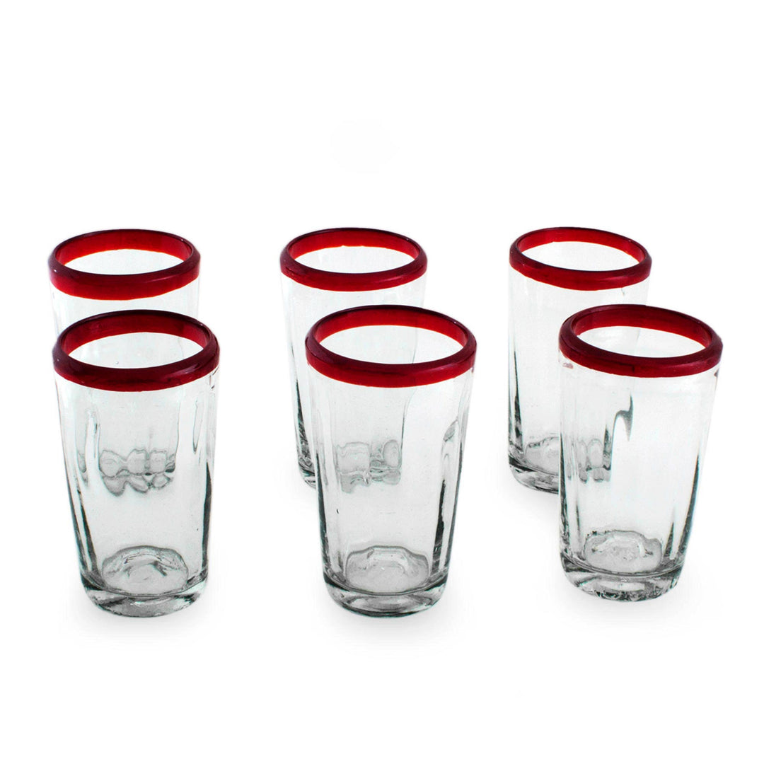 6 Collectible Mexican Recycled Red and Clear Glasses - Ruby Groove