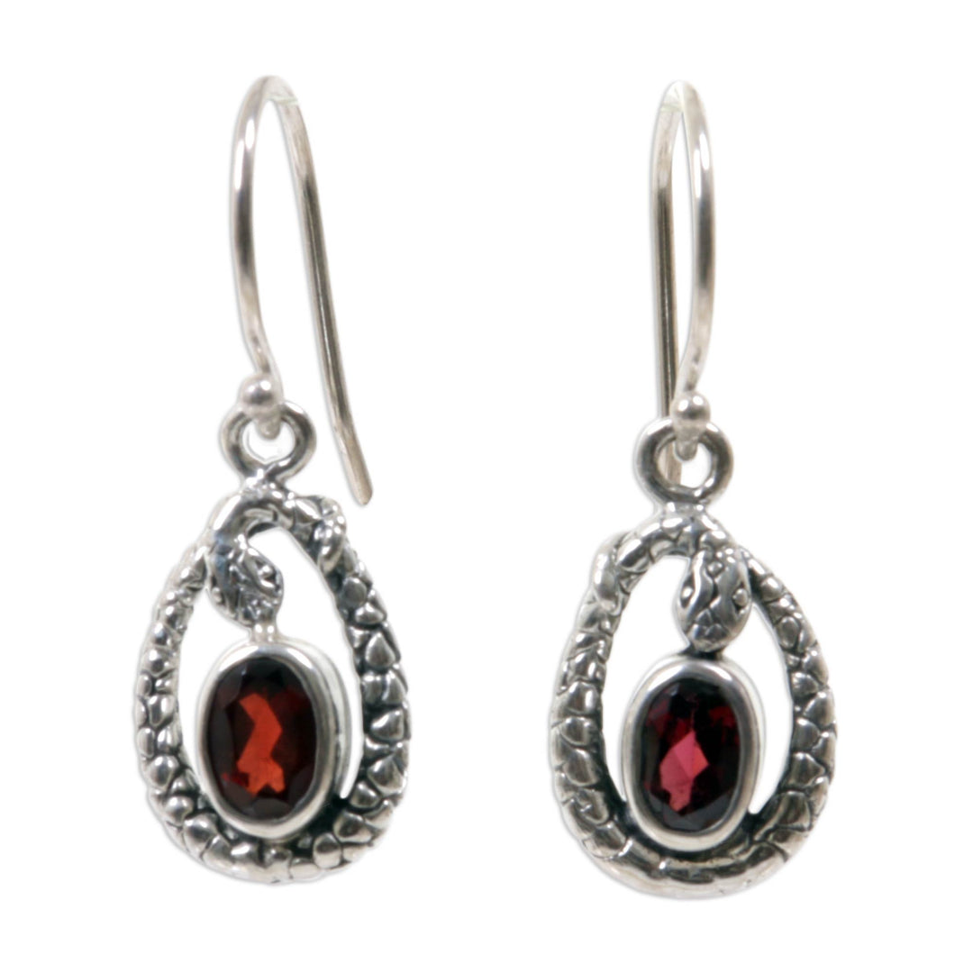 Fair Trade Sterling Silver and Garnet Snake Earrings - Rainforest Goddess