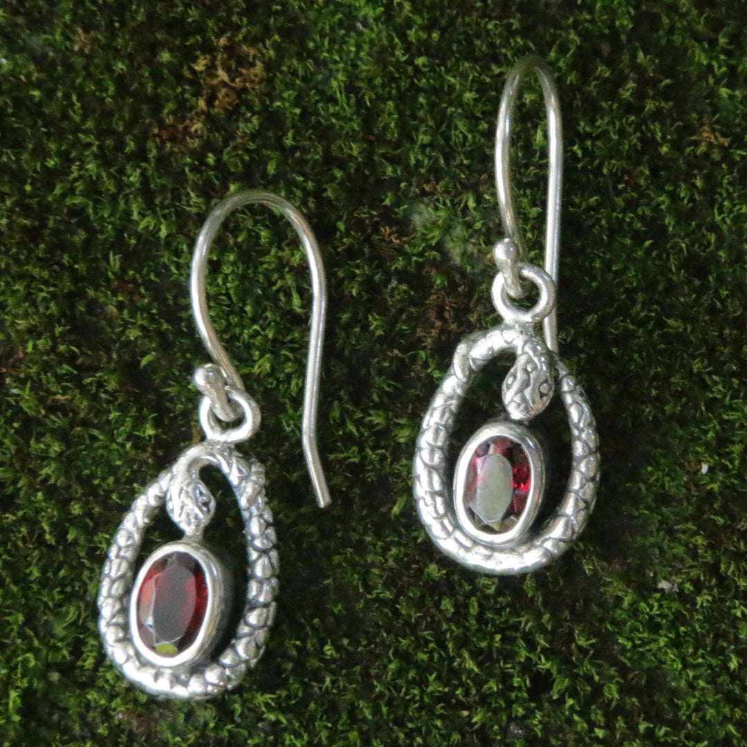 Fair Trade Sterling Silver and Garnet Snake Earrings - Rainforest Goddess