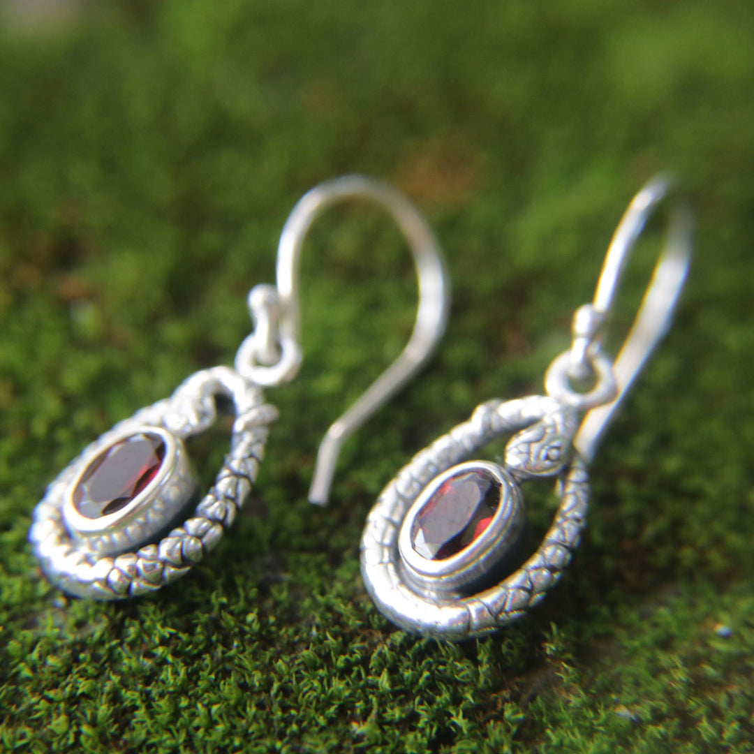 Fair Trade Sterling Silver and Garnet Snake Earrings - Rainforest Goddess