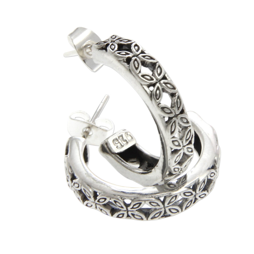 Floral Sterling Silver Half Hoop Earrings - Kawung