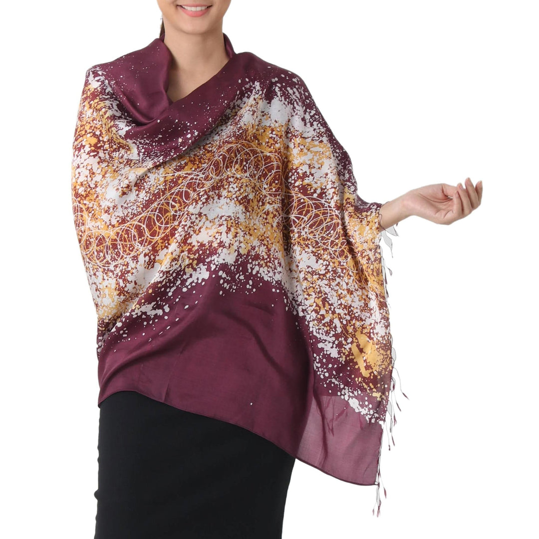 Batik Silk Shawl - Fireworks on Maroon