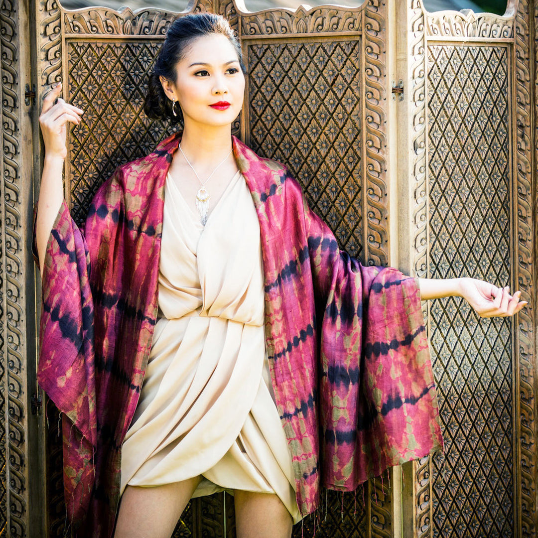 Unique Silk Shawl from Thailand - Crimson Reflecting Pools