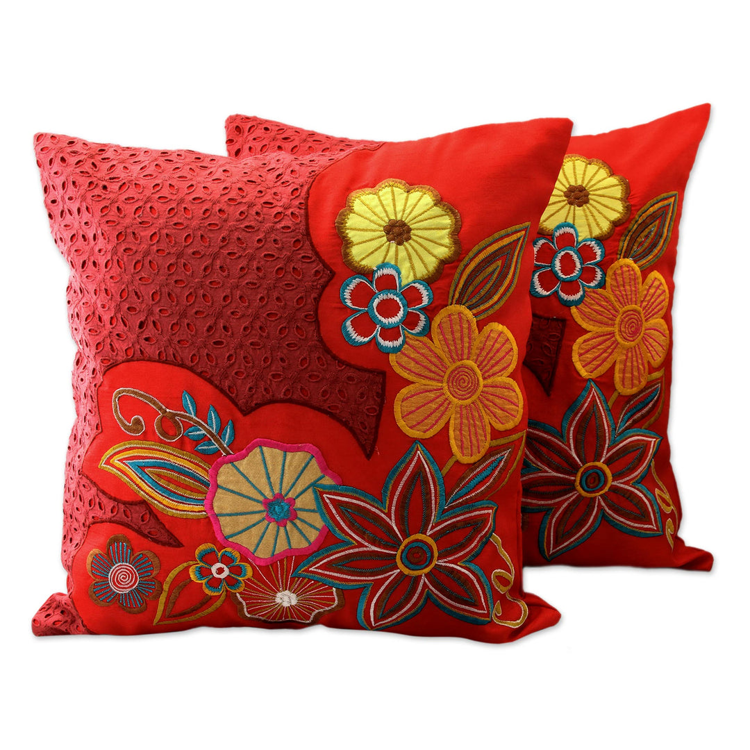 Floral Embroidered Cushion Covers (Pair) - Red Romance