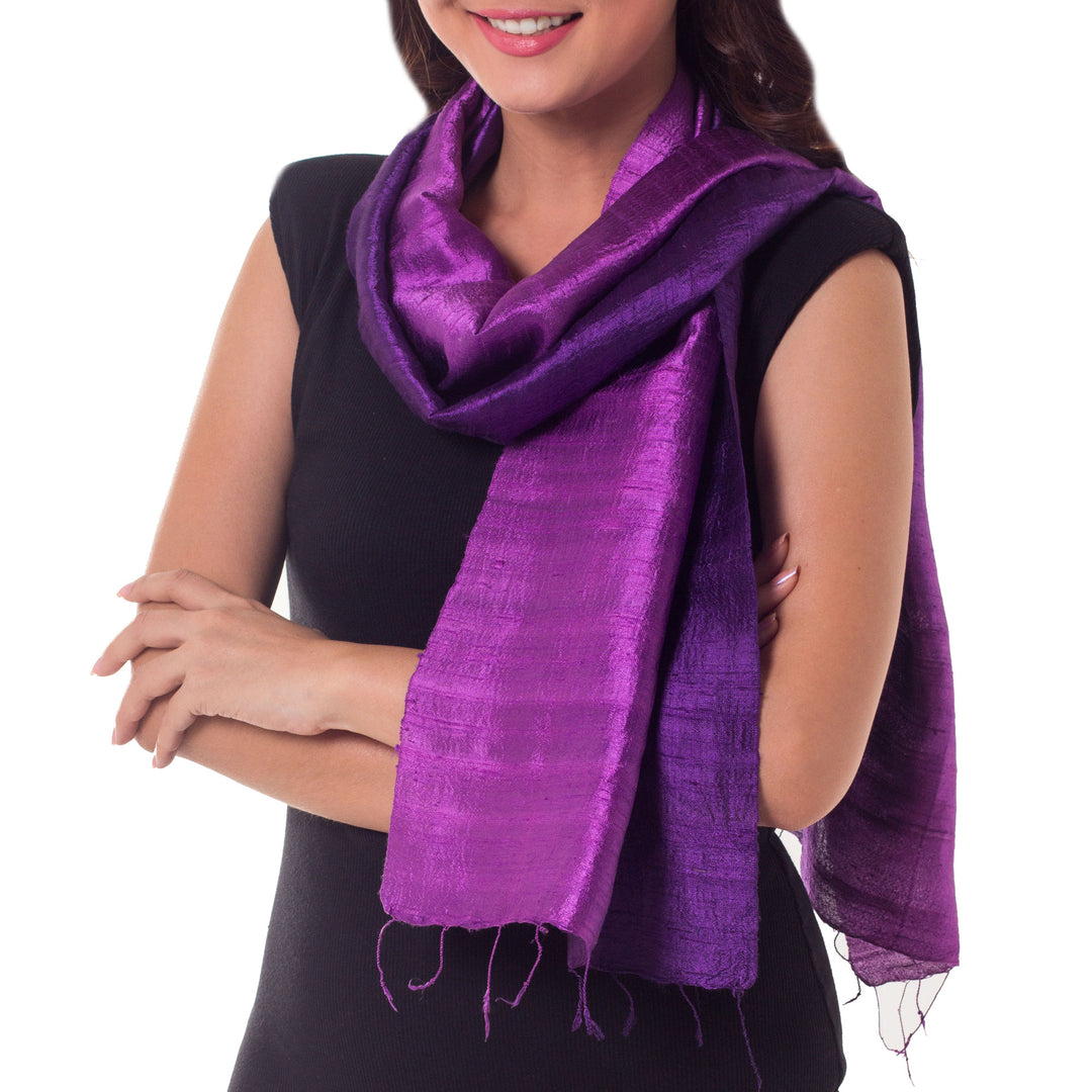 Handmade Purple Silk Scarf from Thailand - Violet Duality