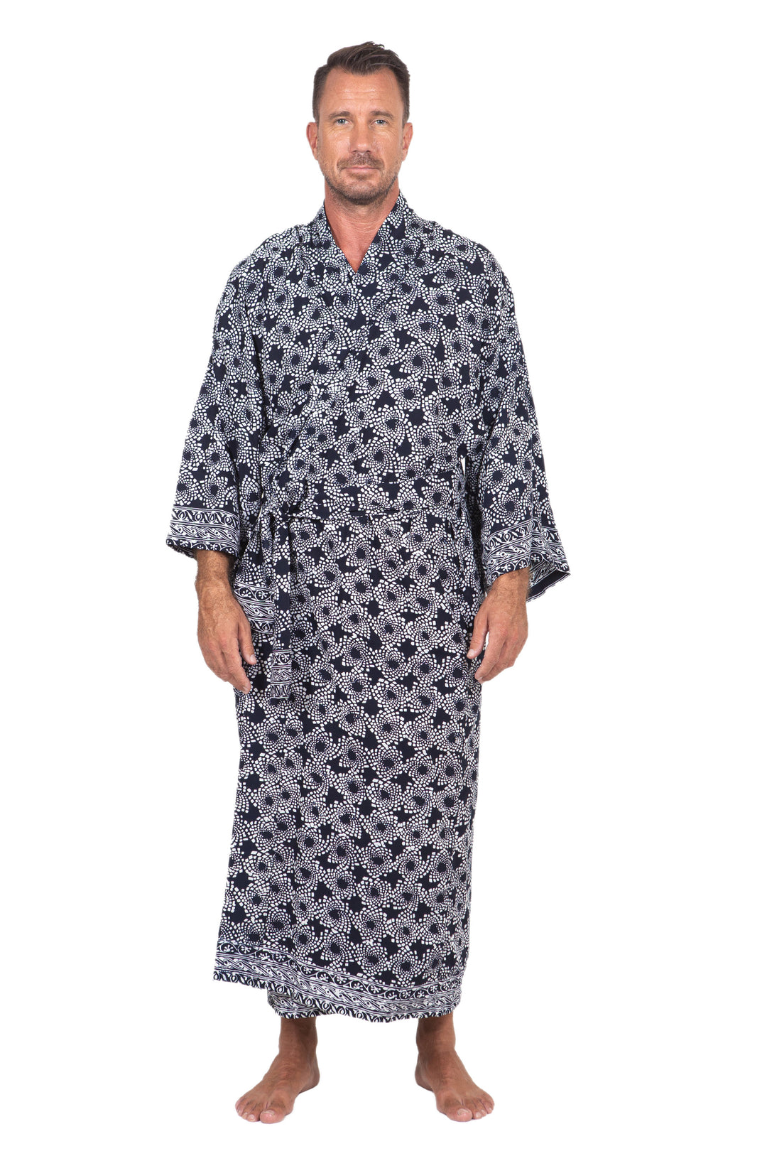 Men's Batik Robe from Indonesia - Navy Blue Nebula