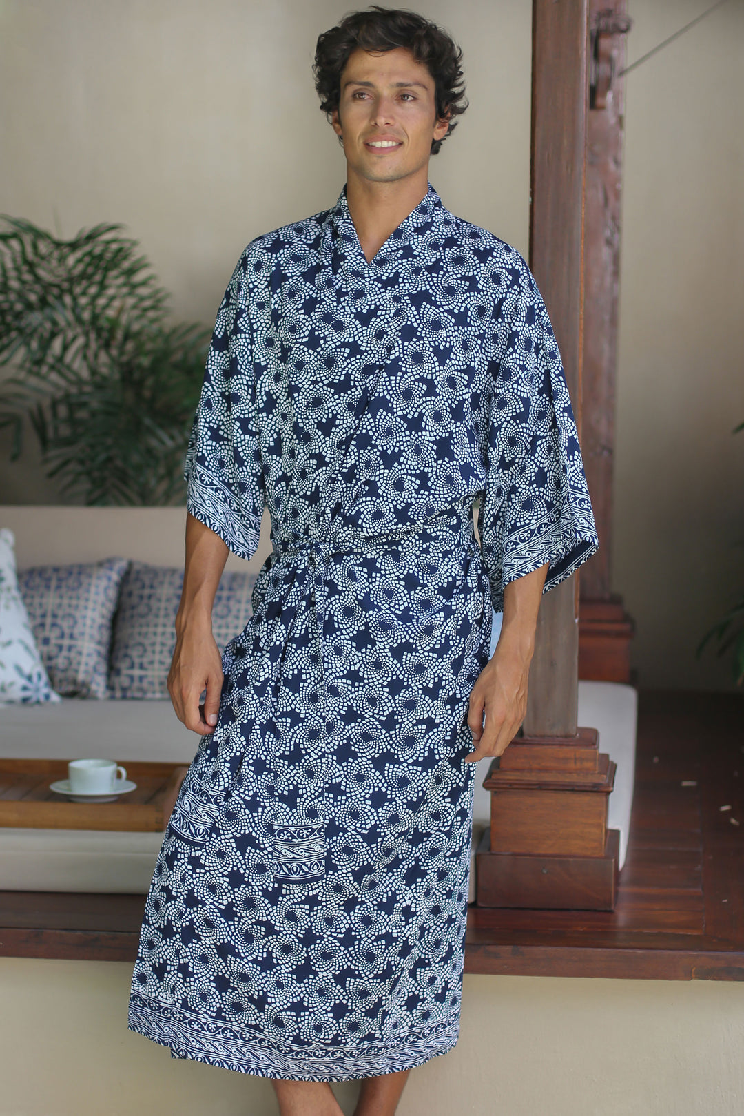 Men's Batik Robe from Indonesia - Navy Blue Nebula