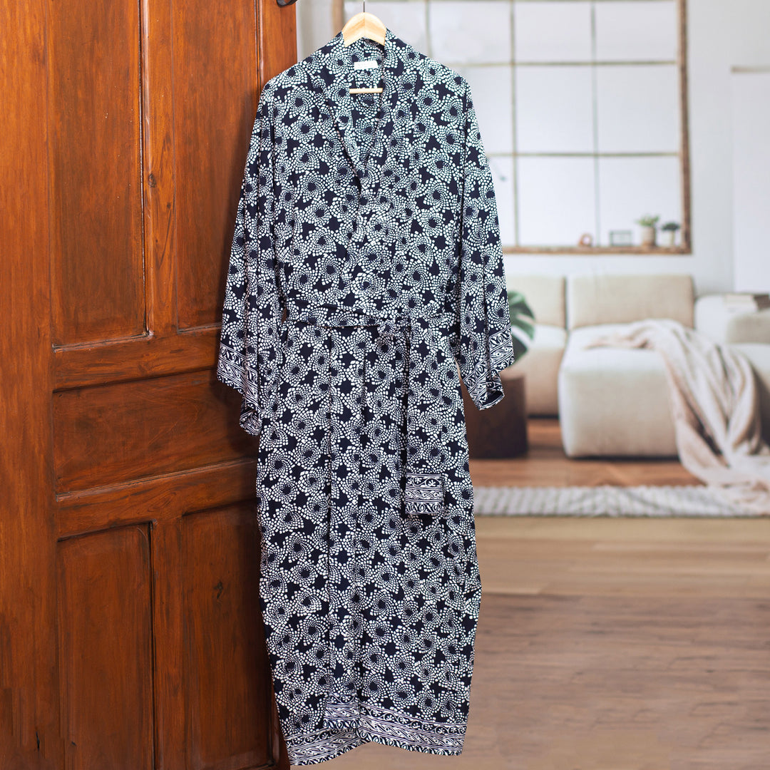 Men's Batik Robe from Indonesia - Navy Blue Nebula