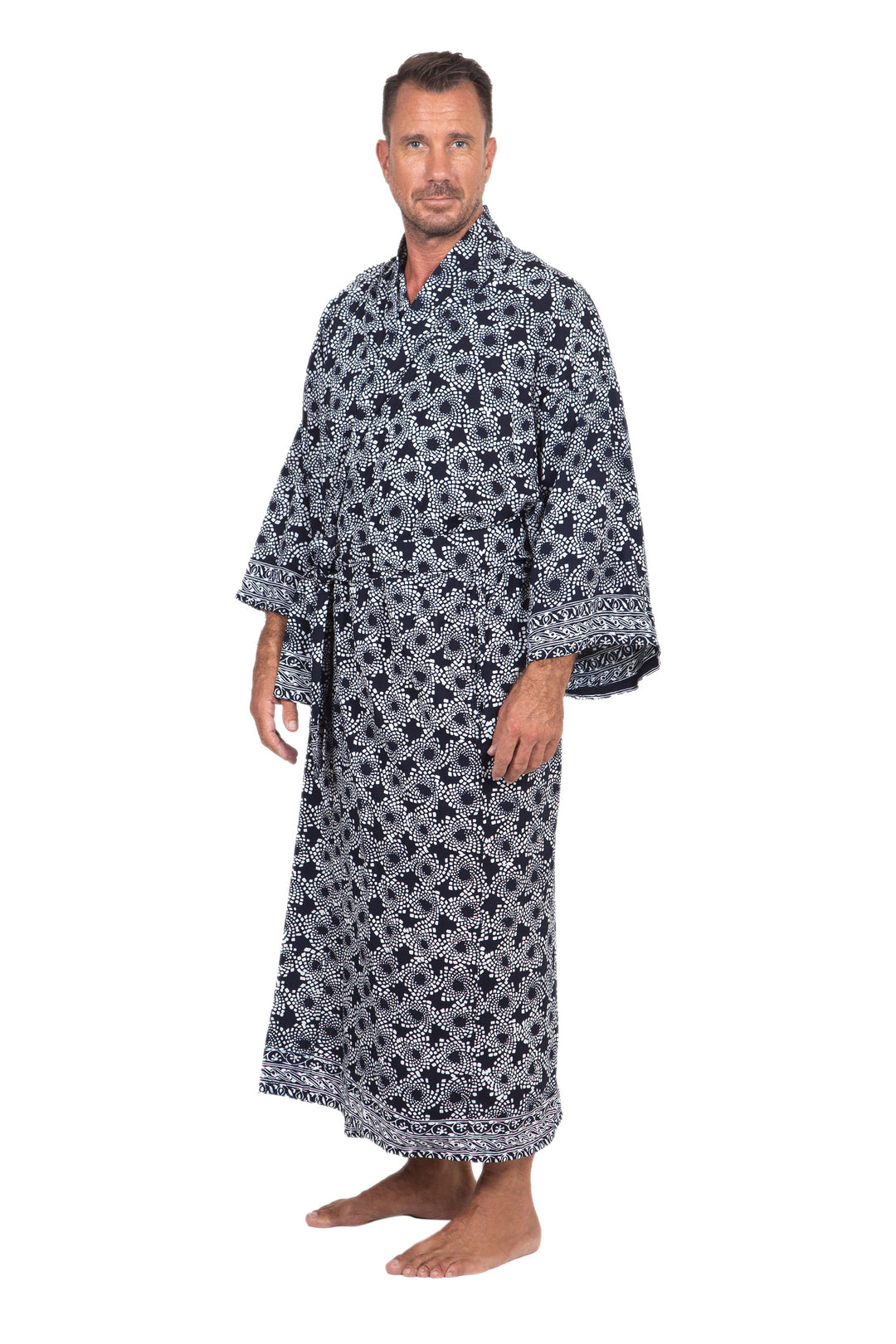 Men's Batik Robe from Indonesia - Navy Blue Nebula